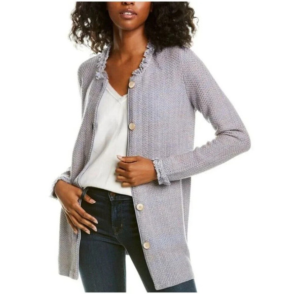 J. McLaughlin S Nan Cardigan Longline Sweater Fringe Cotton Modal Classic Cozy - Picture 1 of 16